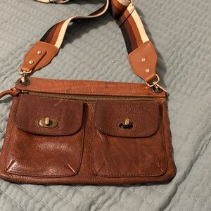 Will Leather Goods Brown Leather Crossbody with Striped Adjustable Strap